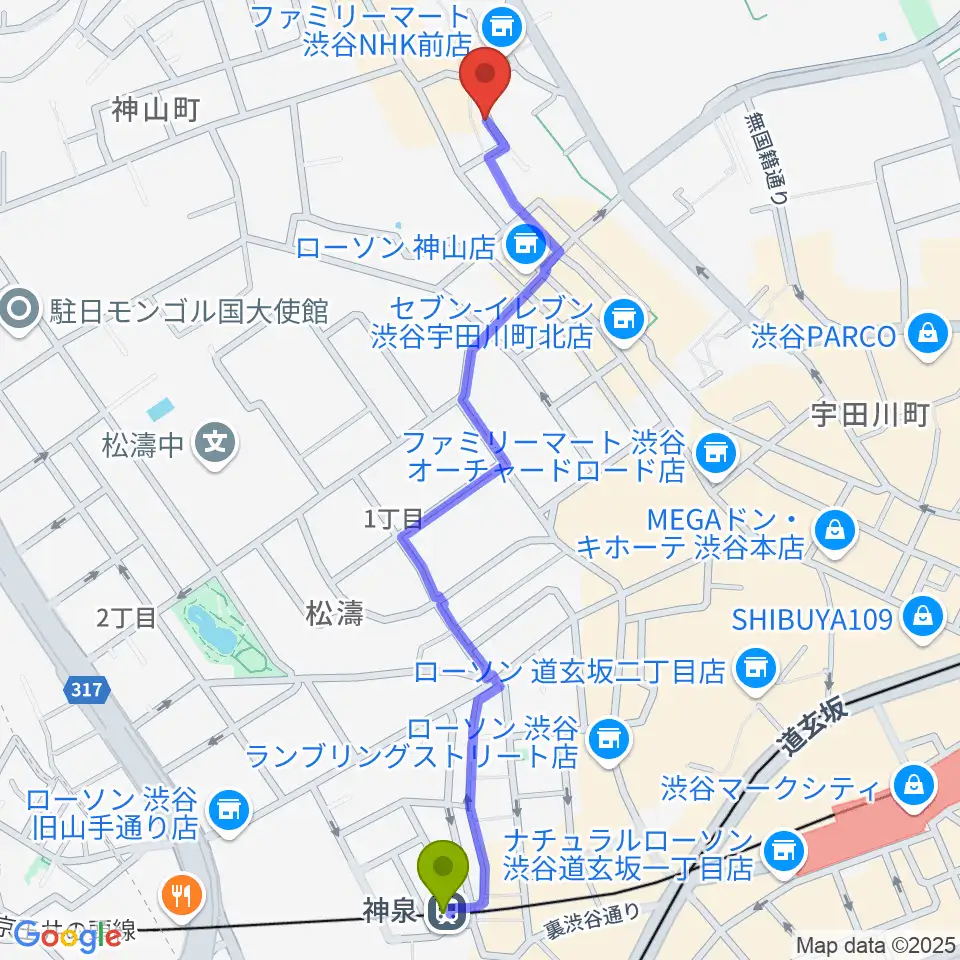 三田村楽器店の最寄駅神泉駅からの徒歩ルート（約13分）地図