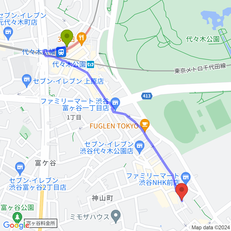代々木八幡駅から三田村楽器店へのルートマップ地図