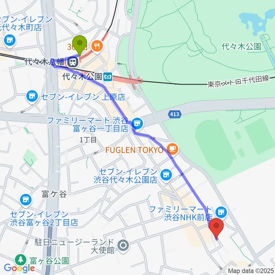 代々木八幡駅から三田村楽器店へのルートマップ地図