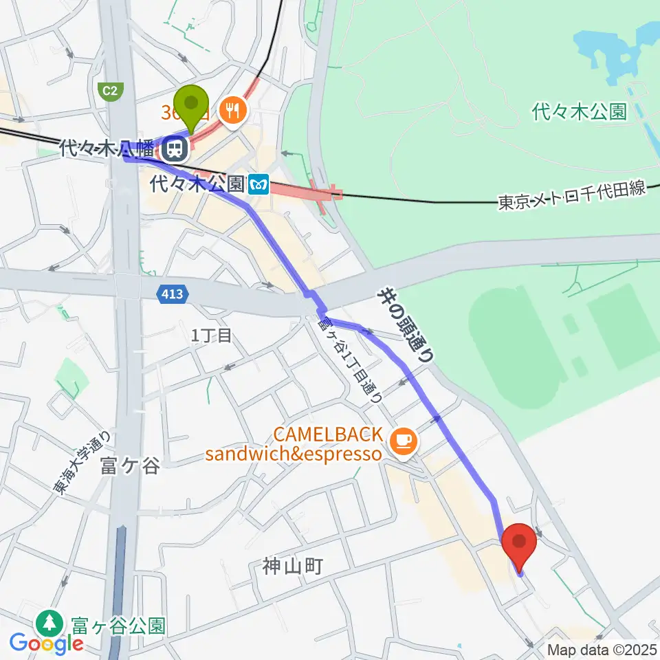 代々木八幡駅から三田村楽器店へのルートマップ地図