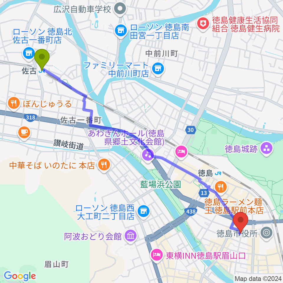 佐古駅から黒崎楽器本店へのルートマップ地図