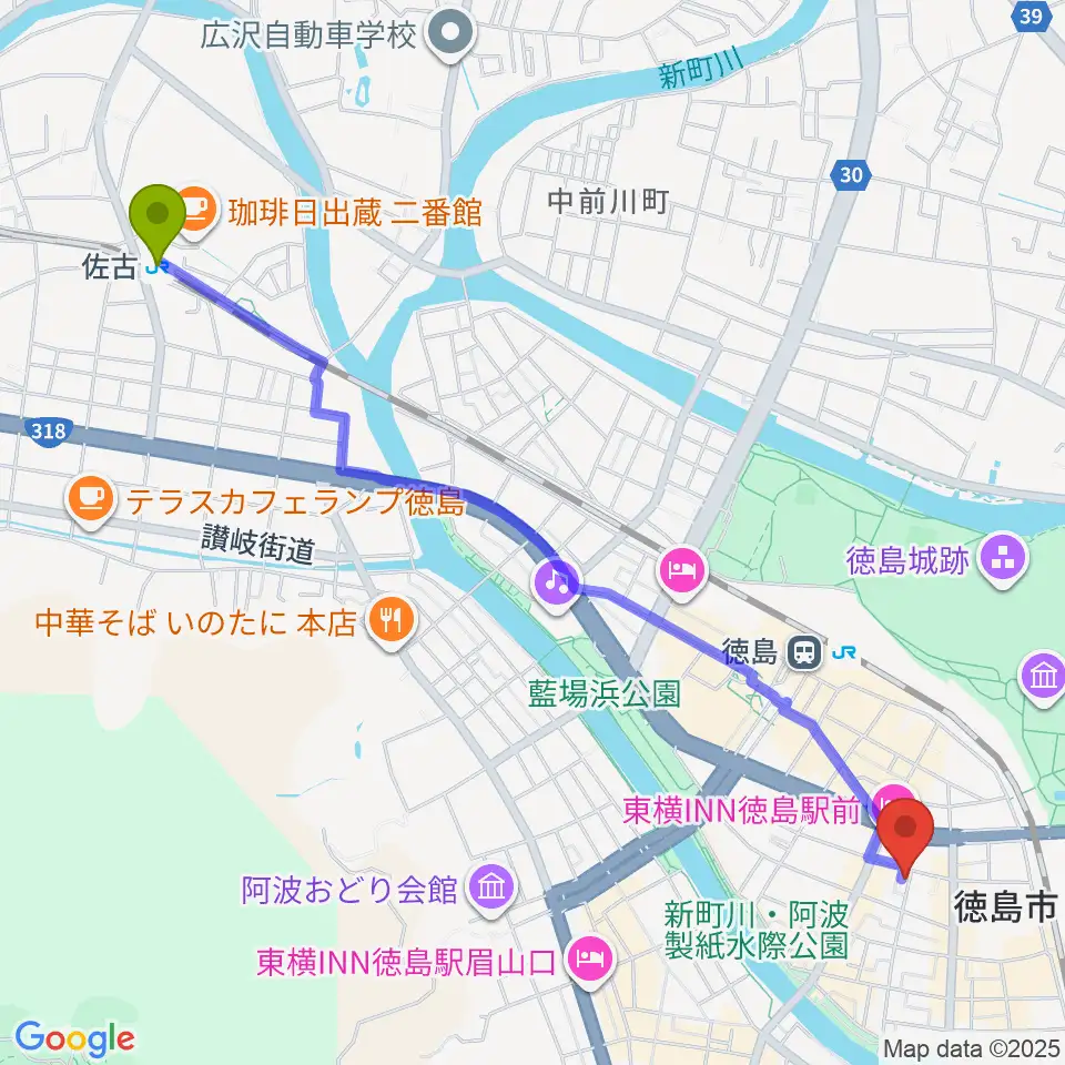 佐古駅から黒崎楽器本店へのルートマップ地図