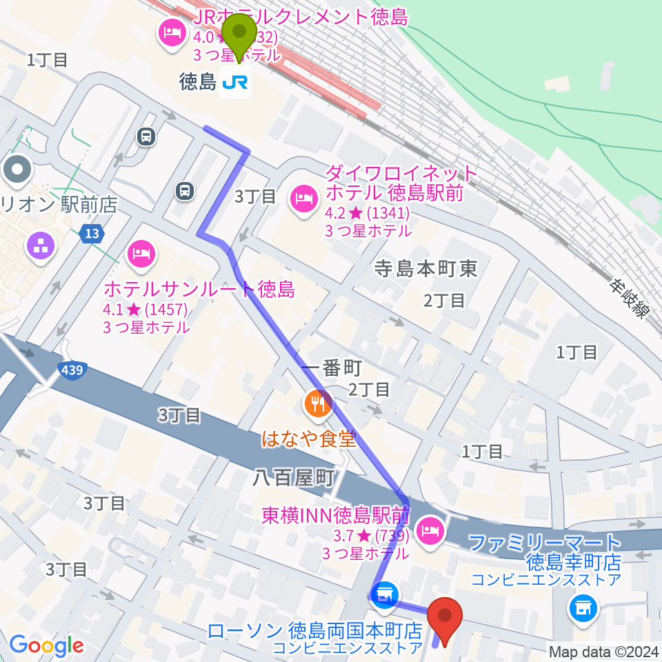 黒崎楽器本店の最寄駅徳島駅からの徒歩ルート（約7分）地図