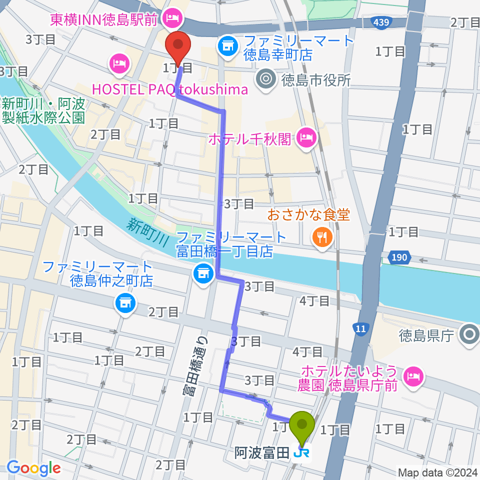 阿波富田駅から黒崎楽器本店へのルートマップ地図