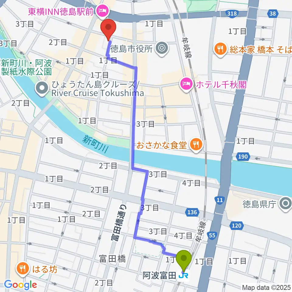 阿波富田駅から黒崎楽器本店へのルートマップ地図