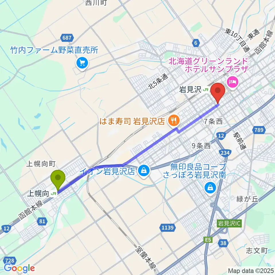上幌向駅から北海道教育楽器 ミュージックショップバンバンへのルートマップ地図