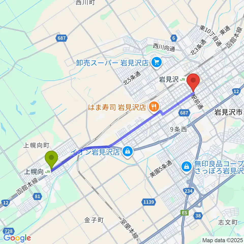 上幌向駅から北海道教育楽器 ミュージックショップバンバンへのルートマップ地図
