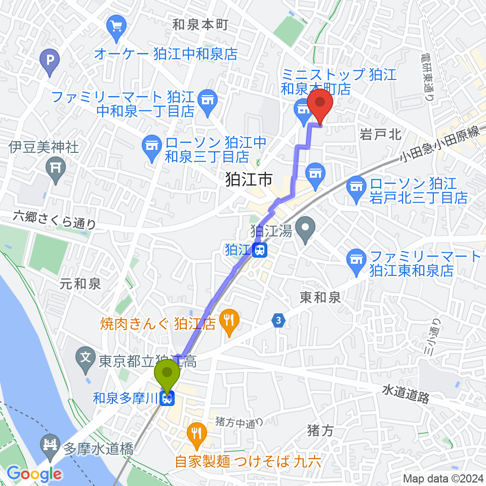 和泉多摩川駅から泉州尺八工房へのルートマップ地図