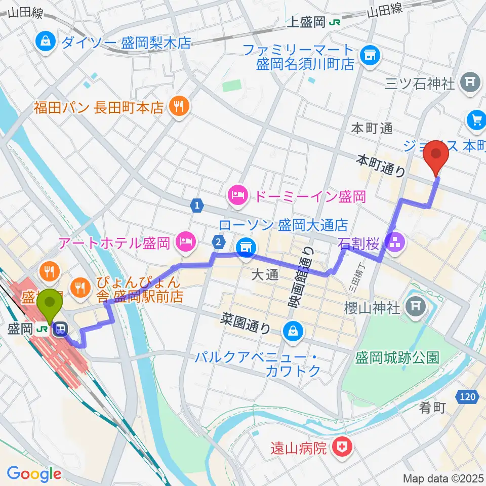 盛岡駅から松本伸弦楽器工房へのルートマップ地図