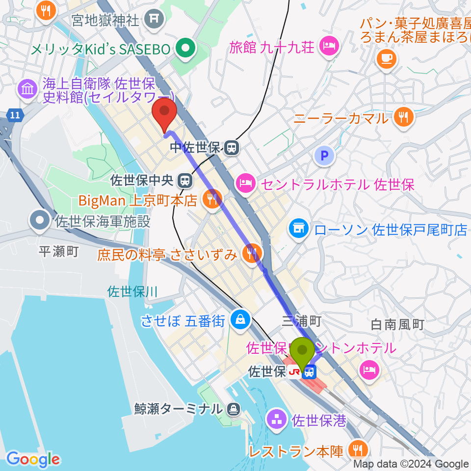 佐世保駅から前川楽器店へのルートマップ地図