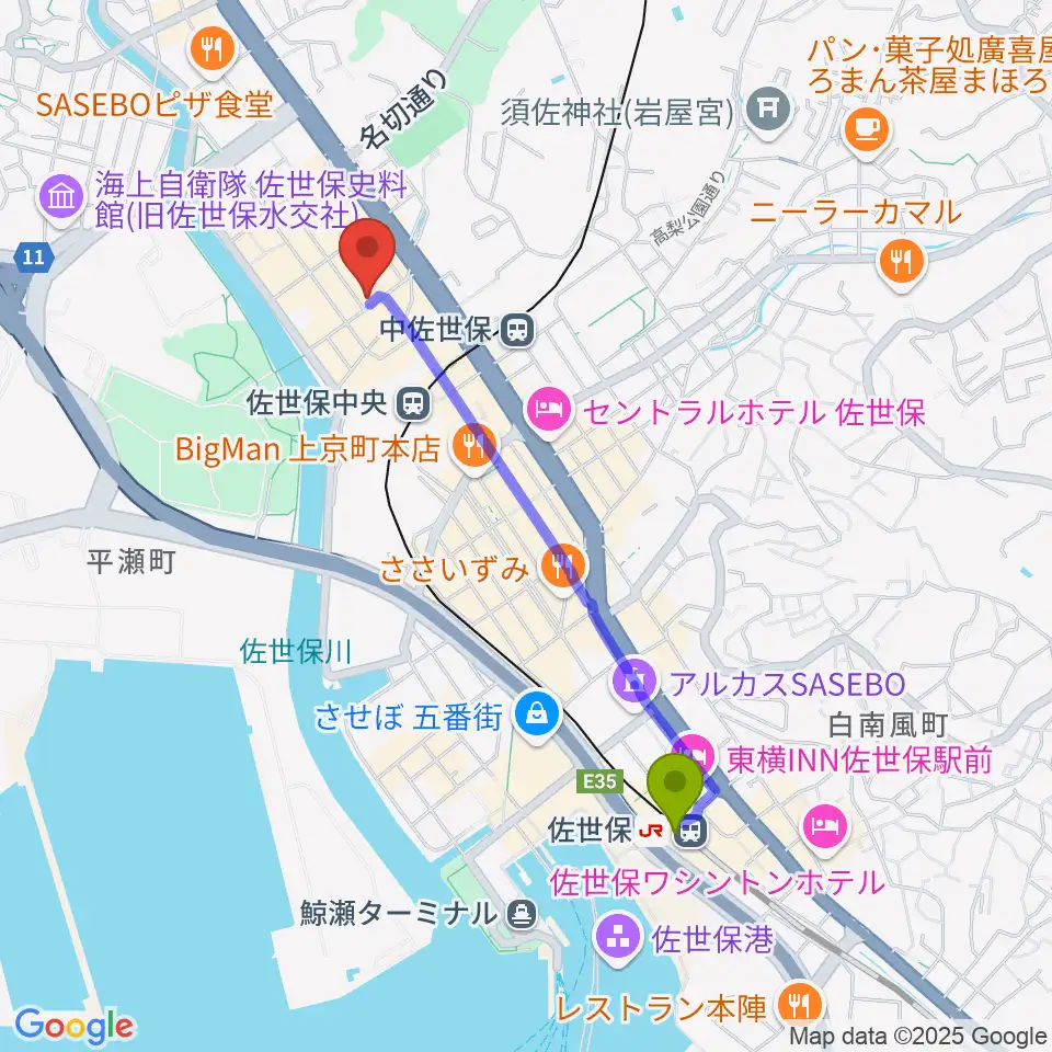 佐世保駅から前川楽器店へのルートマップ地図