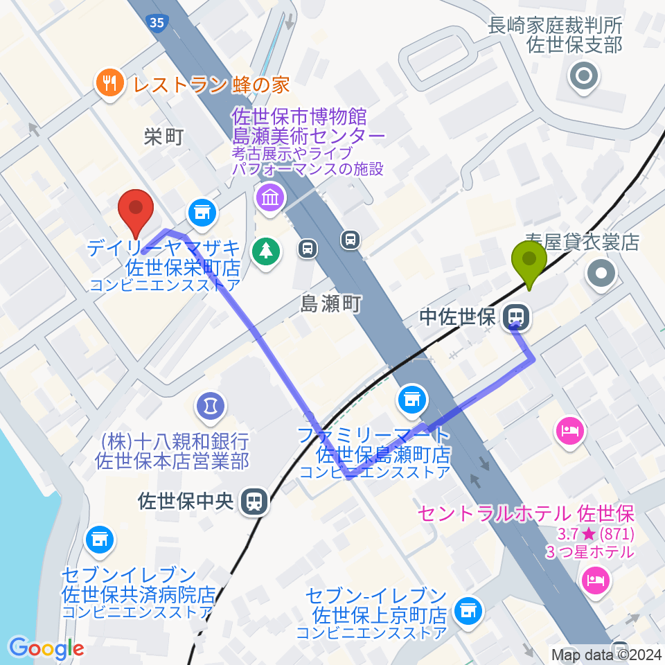 中佐世保駅から前川楽器店へのルートマップ地図