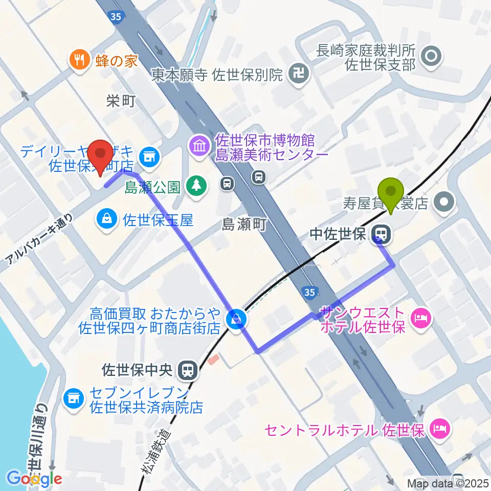 中佐世保駅から前川楽器店へのルートマップ地図