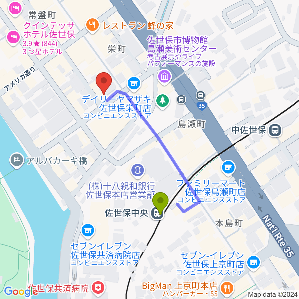 前川楽器店の最寄駅佐世保中央駅からの徒歩ルート（約4分）地図