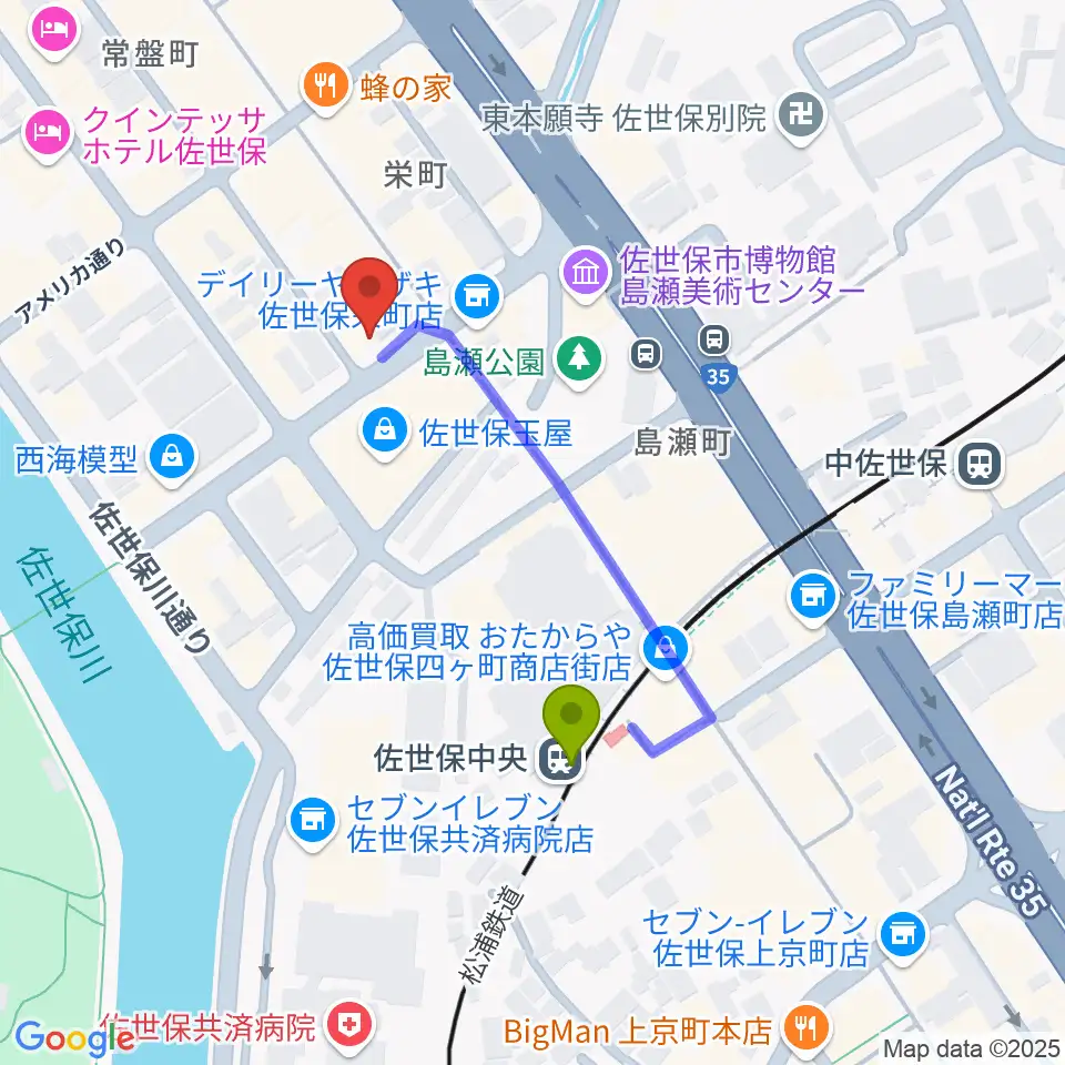 前川楽器店の最寄駅佐世保中央駅からの徒歩ルート（約4分）地図