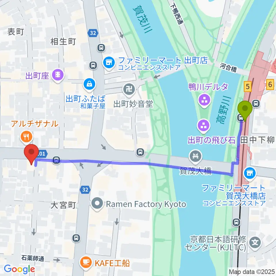 マツヲ楽器の最寄駅出町柳駅からの徒歩ルート（約6分）地図