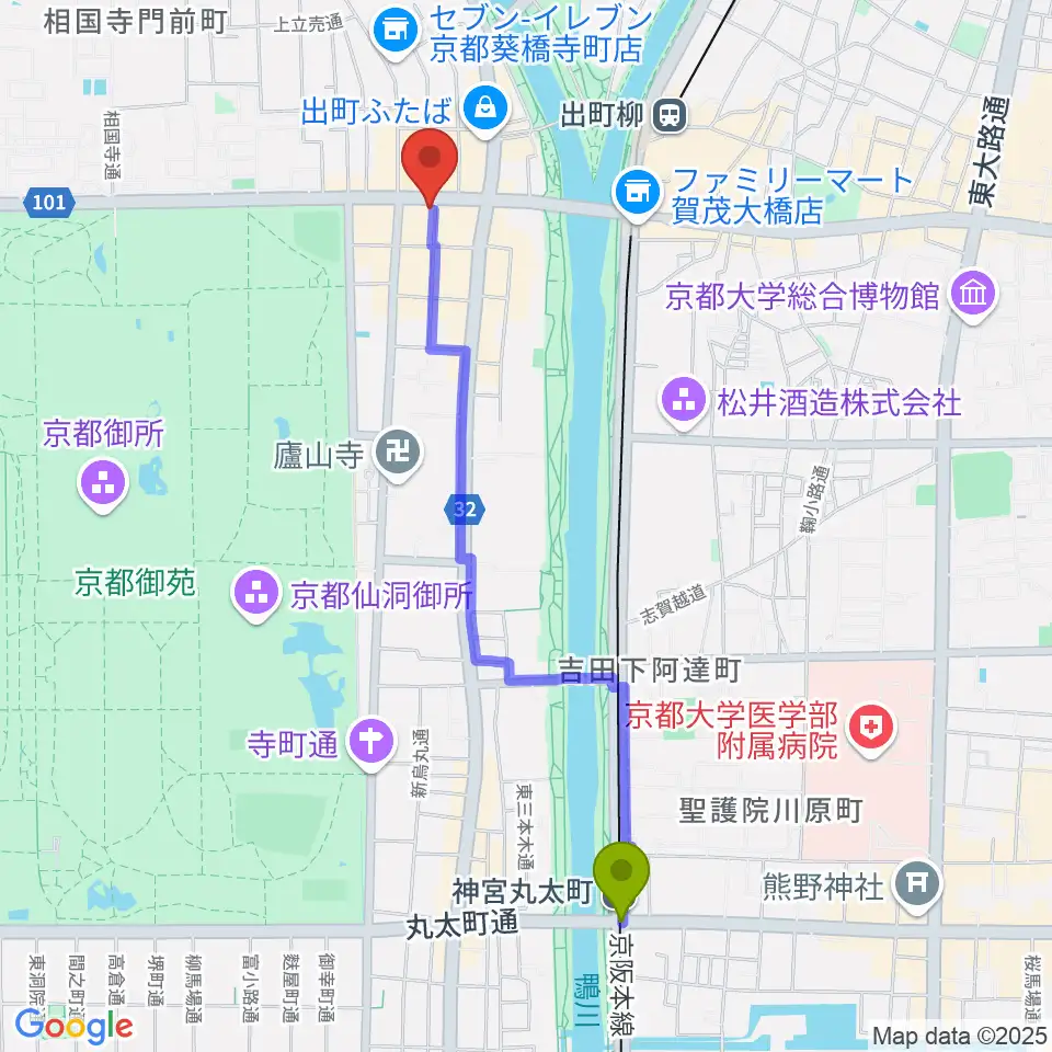 神宮丸太町駅からマツヲ楽器へのルートマップ地図
