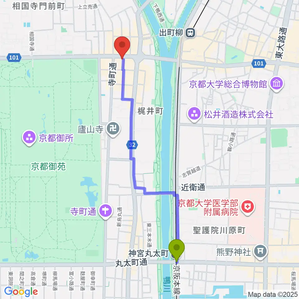 神宮丸太町駅からマツヲ楽器へのルートマップ地図
