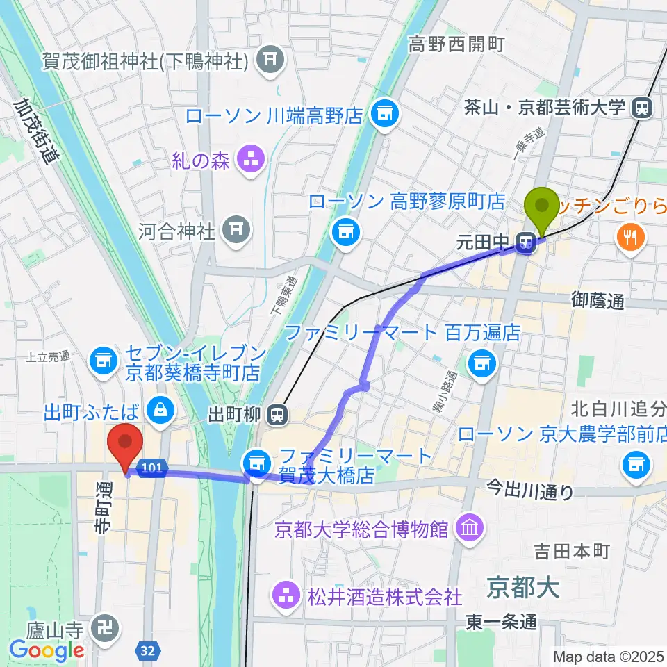元田中駅からマツヲ楽器へのルートマップ地図