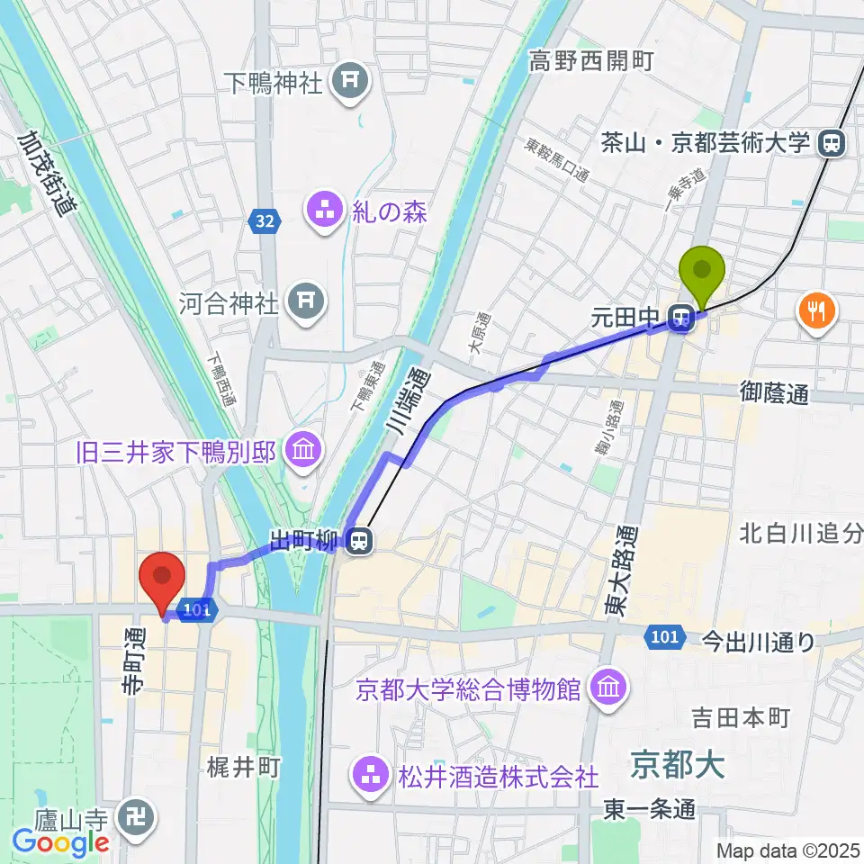 元田中駅からマツヲ楽器へのルートマップ地図