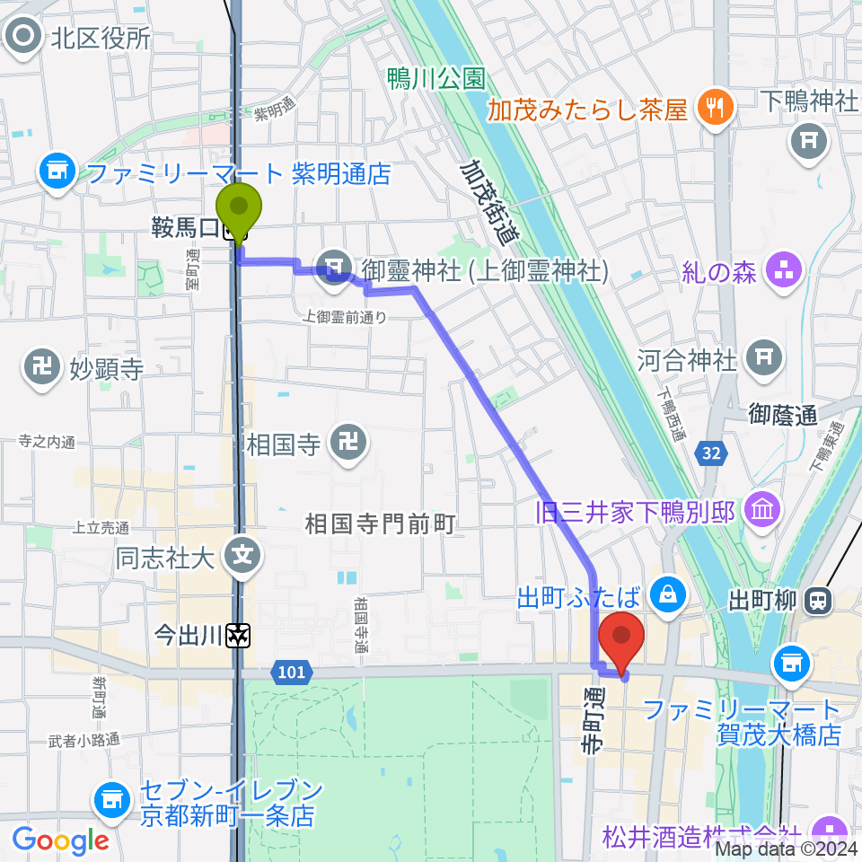 鞍馬口駅からマツヲ楽器へのルートマップ地図