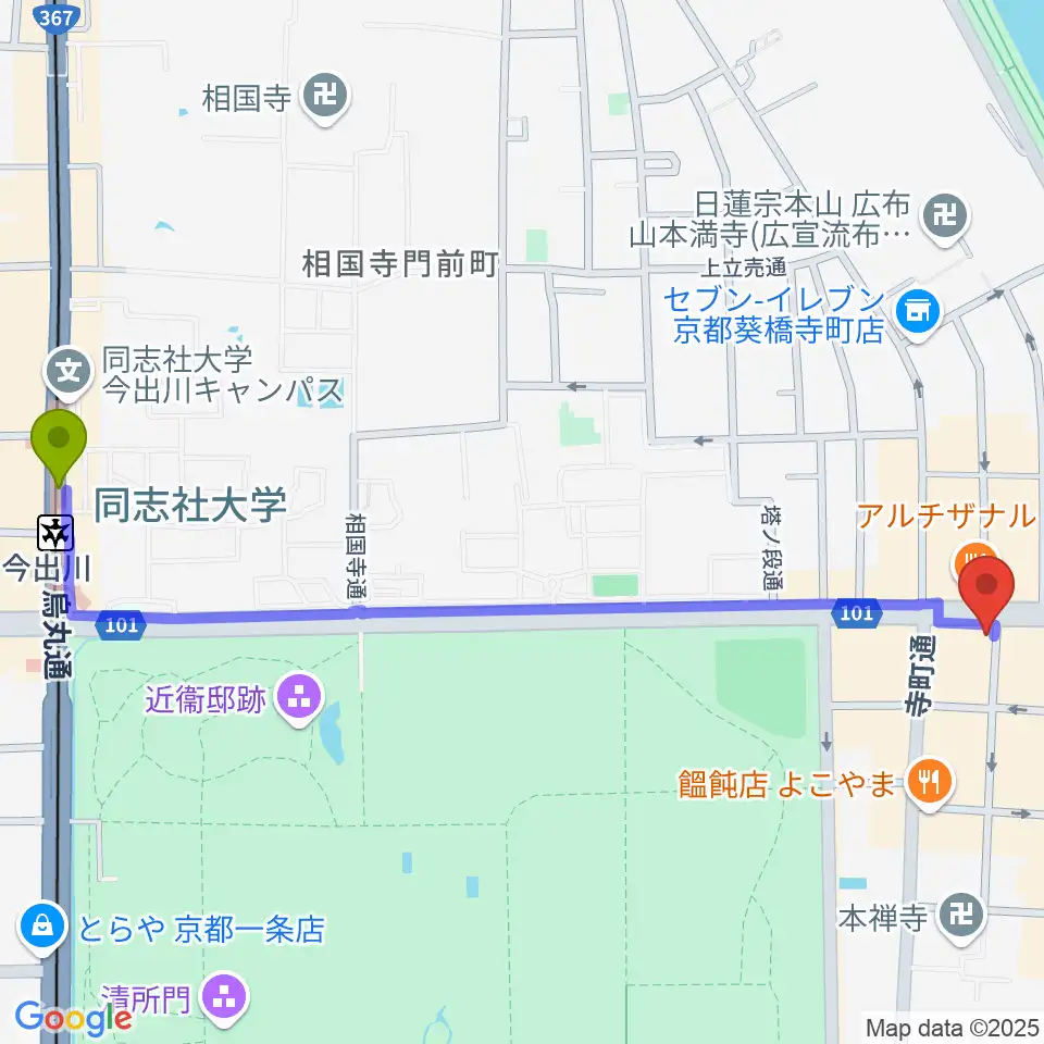 今出川駅からマツヲ楽器へのルートマップ地図