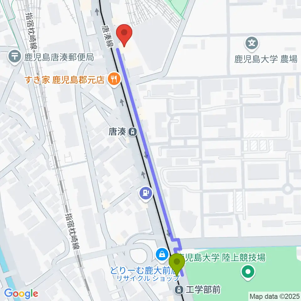 工学部前駅から松田ピアノ友社へのルートマップ地図