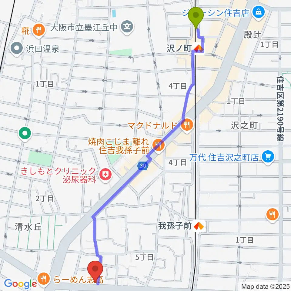 沢ノ町駅からマツモト楽器へのルートマップ地図