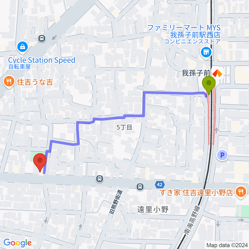 マツモト楽器の最寄駅我孫子前駅からの徒歩ルート（約6分）地図