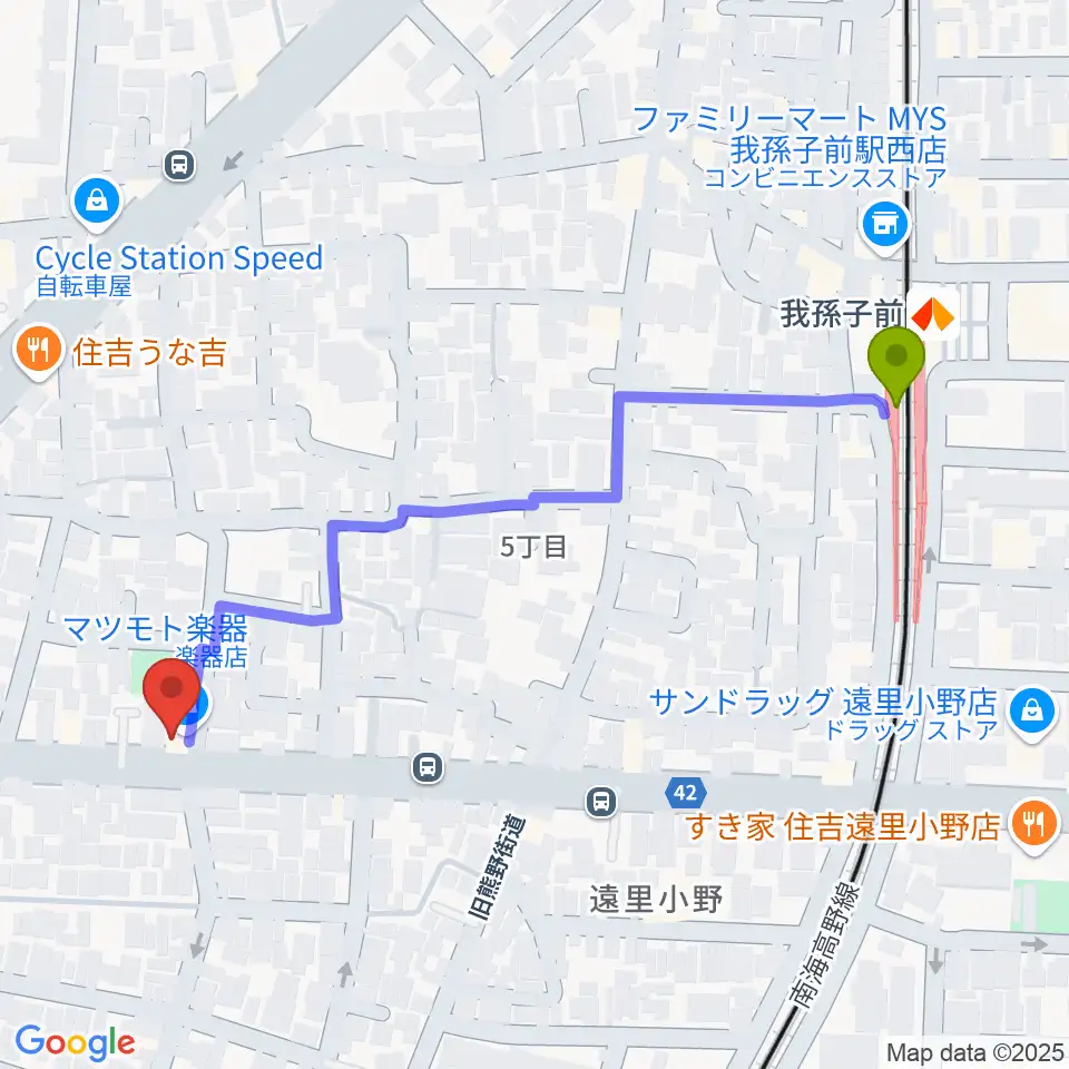 マツモト楽器の最寄駅我孫子前駅からの徒歩ルート（約6分）地図