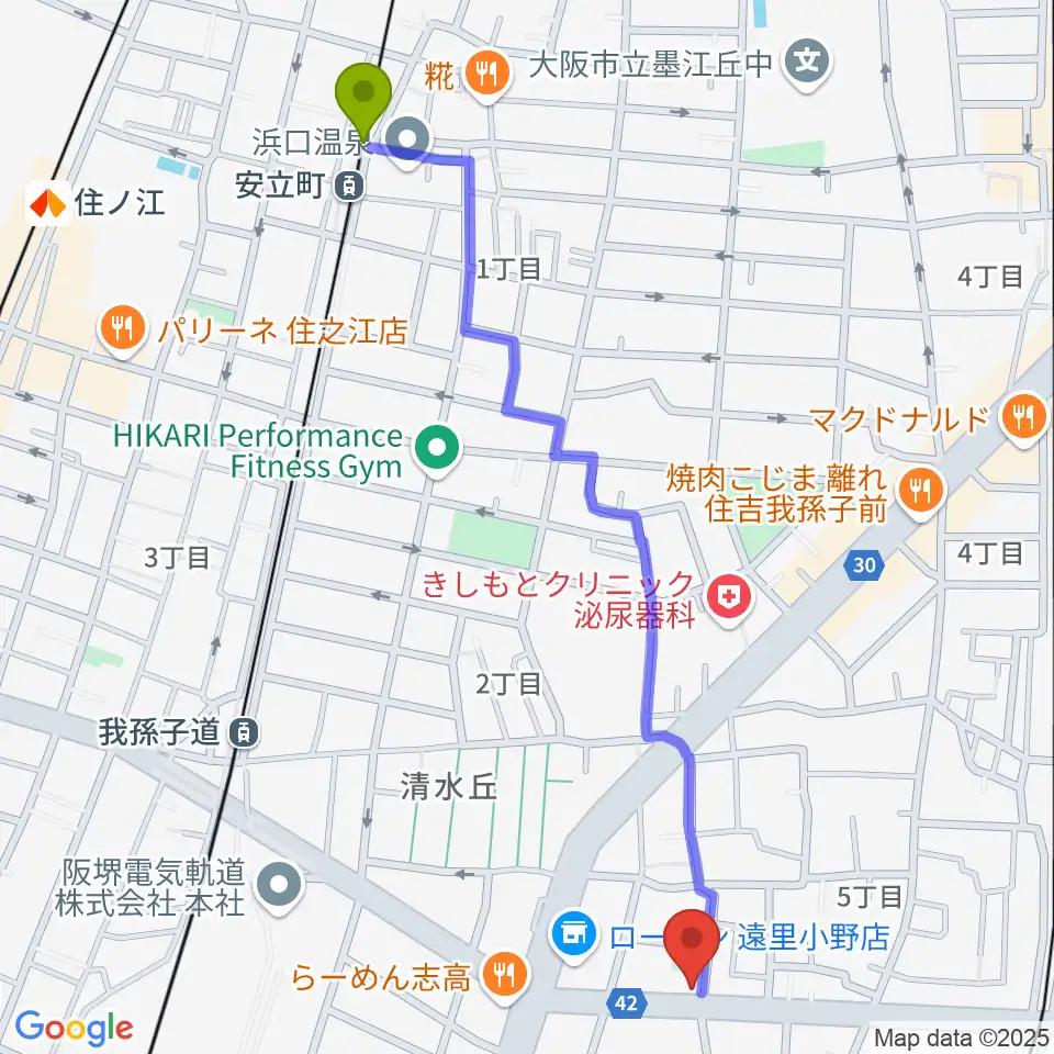 安立町駅からマツモト楽器へのルートマップ地図
