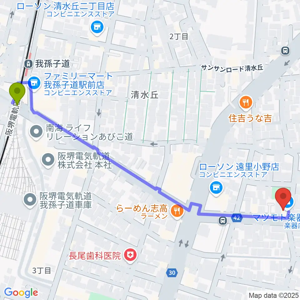 我孫子道駅からマツモト楽器へのルートマップ地図