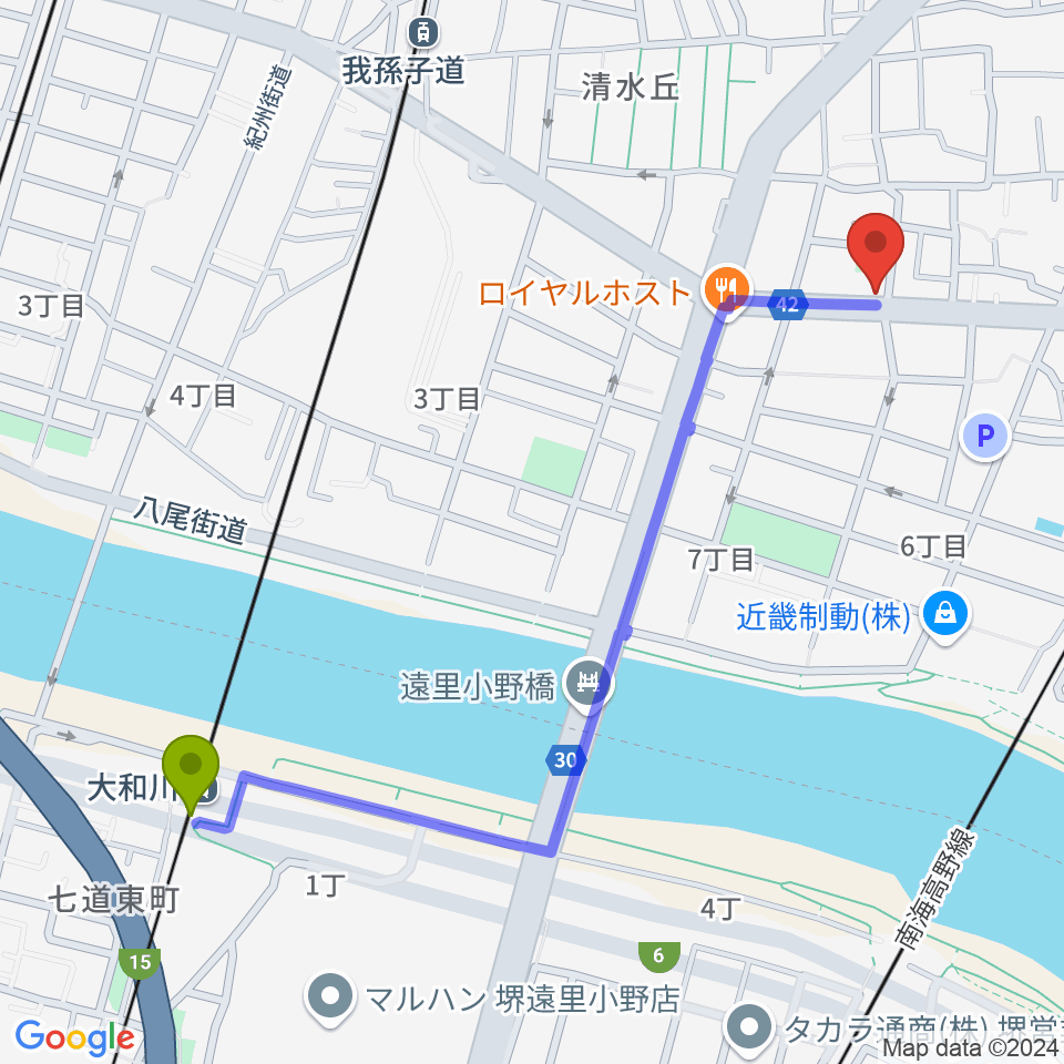 大和川駅からマツモト楽器へのルートマップ地図