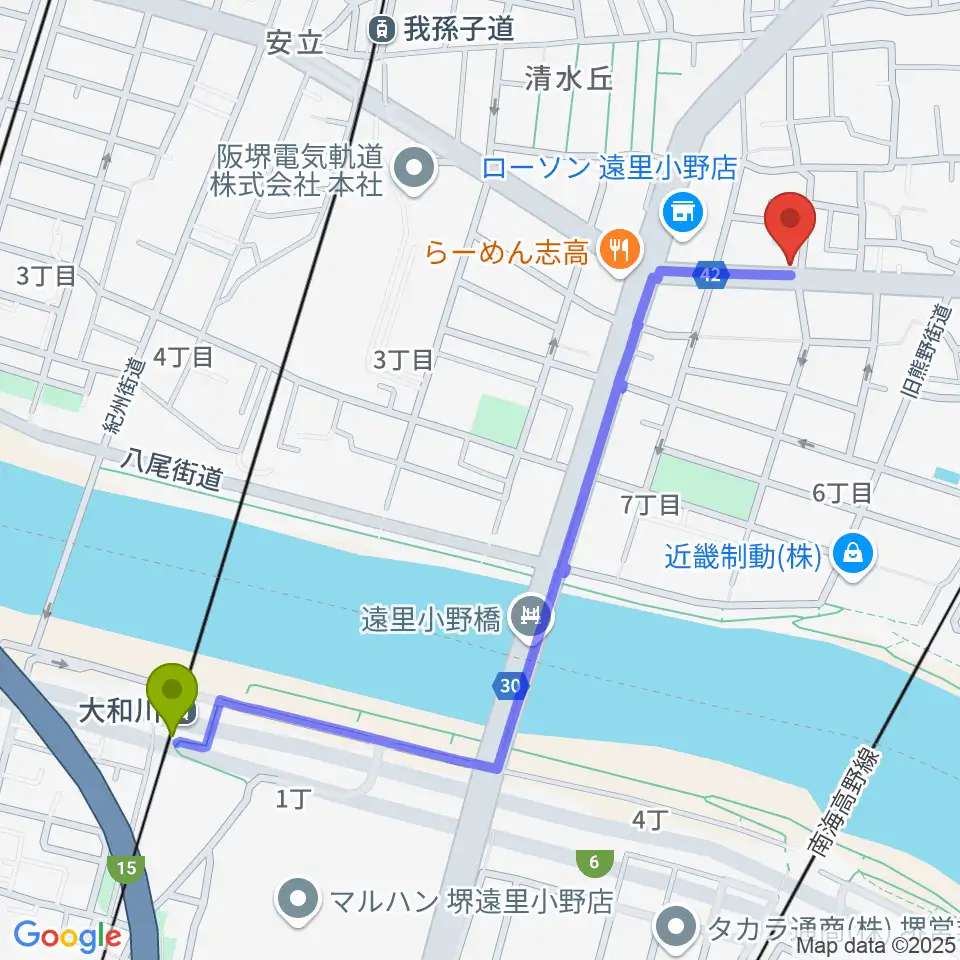 大和川駅からマツモト楽器へのルートマップ地図