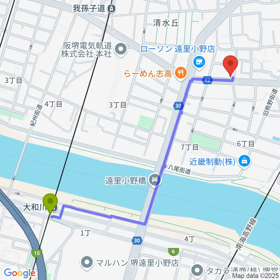 大和川駅からマツモト楽器へのルートマップ地図