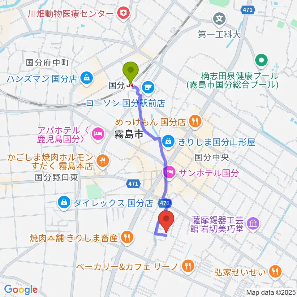ミヤタカンパニーの最寄駅国分駅からの徒歩ルート（約17分）地図