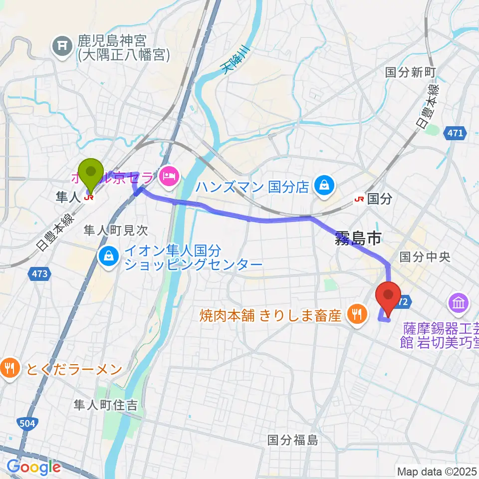 隼人駅からミヤタカンパニーへのルートマップ地図