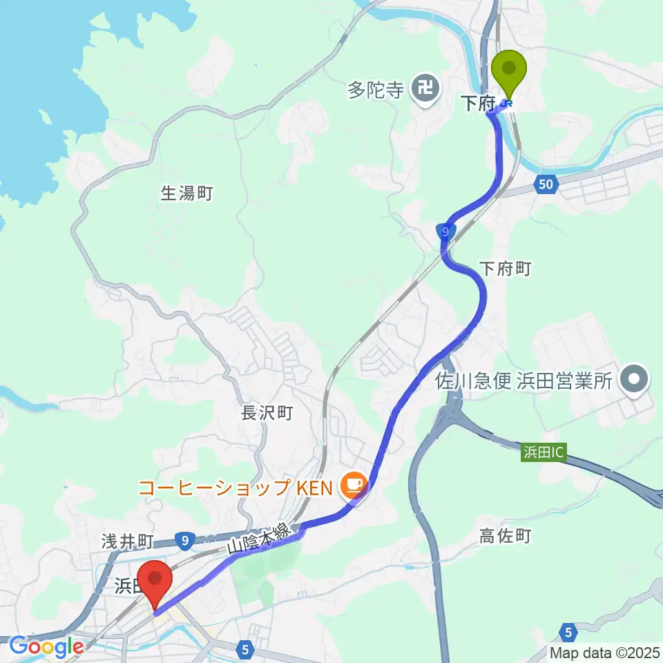 下府駅からみずほ楽器へのルートマップ地図