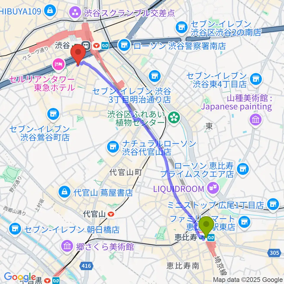 恵比寿駅からイケベ楽器店 鍵盤堂・パワーレック・パワーDJ'sへのルートマップ地図