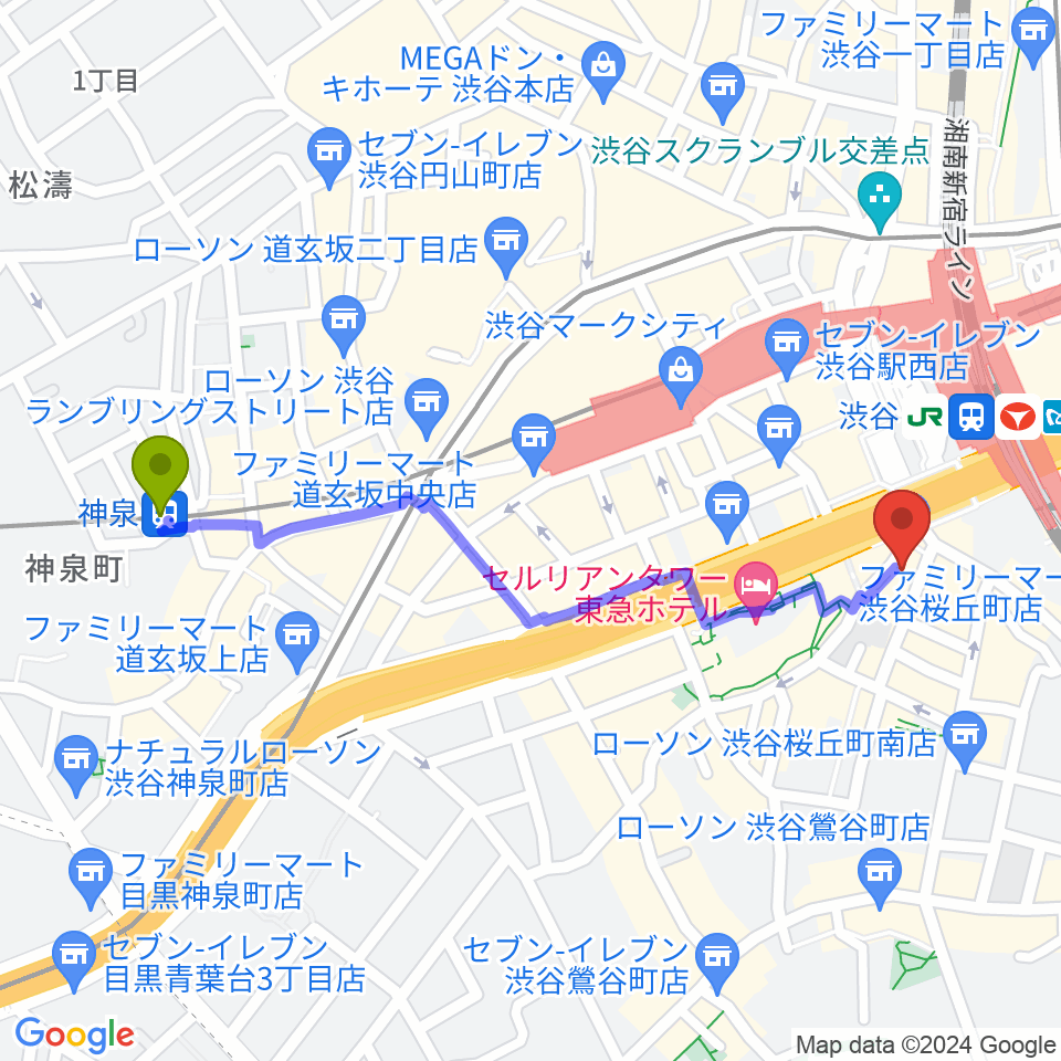 神泉駅からイケベ楽器店 鍵盤堂・パワーレック・パワーDJ'sへのルートマップ地図