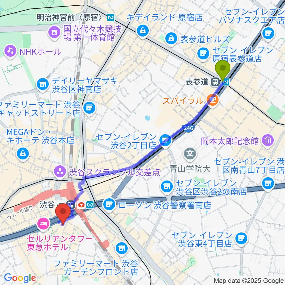 表参道駅からイケベ楽器店 鍵盤堂・パワーレック・パワーDJ'sへのルートマップ地図