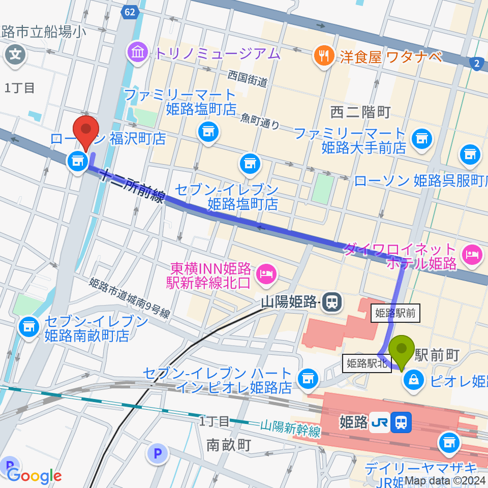 エムズサウンドギターショップの最寄駅姫路駅からの徒歩ルート（約12分）地図