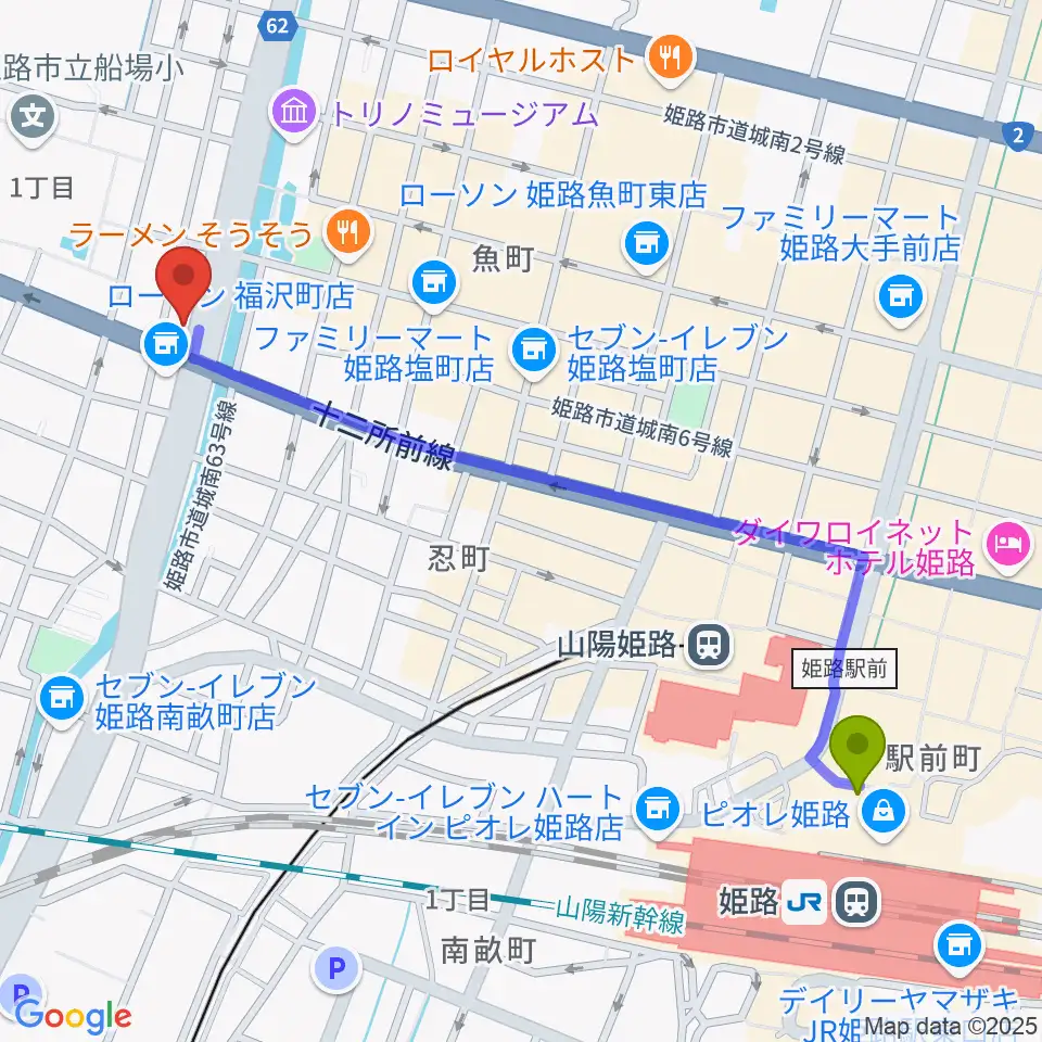 エムズサウンドギターショップの最寄駅姫路駅からの徒歩ルート（約12分）地図