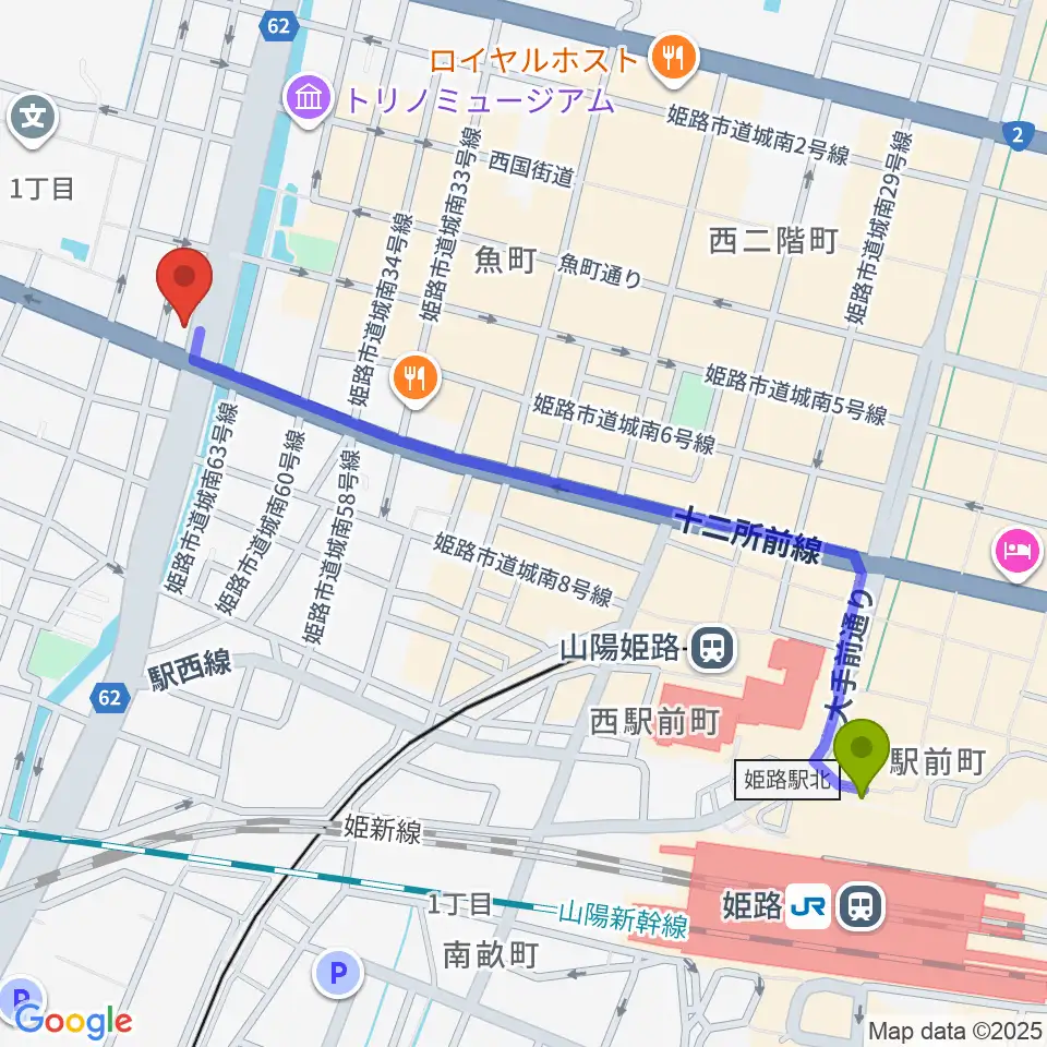 エムズサウンドギターショップの最寄駅姫路駅からの徒歩ルート（約12分）地図