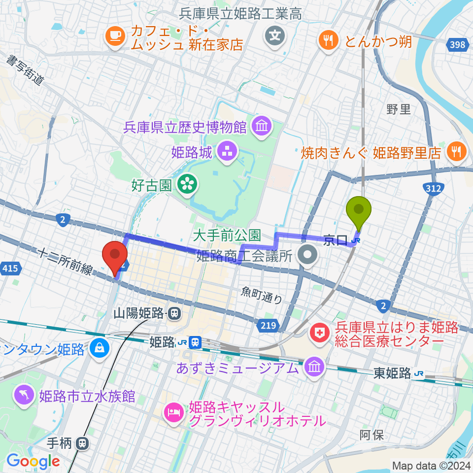 京口駅からエムズサウンドギターショップへのルートマップ地図