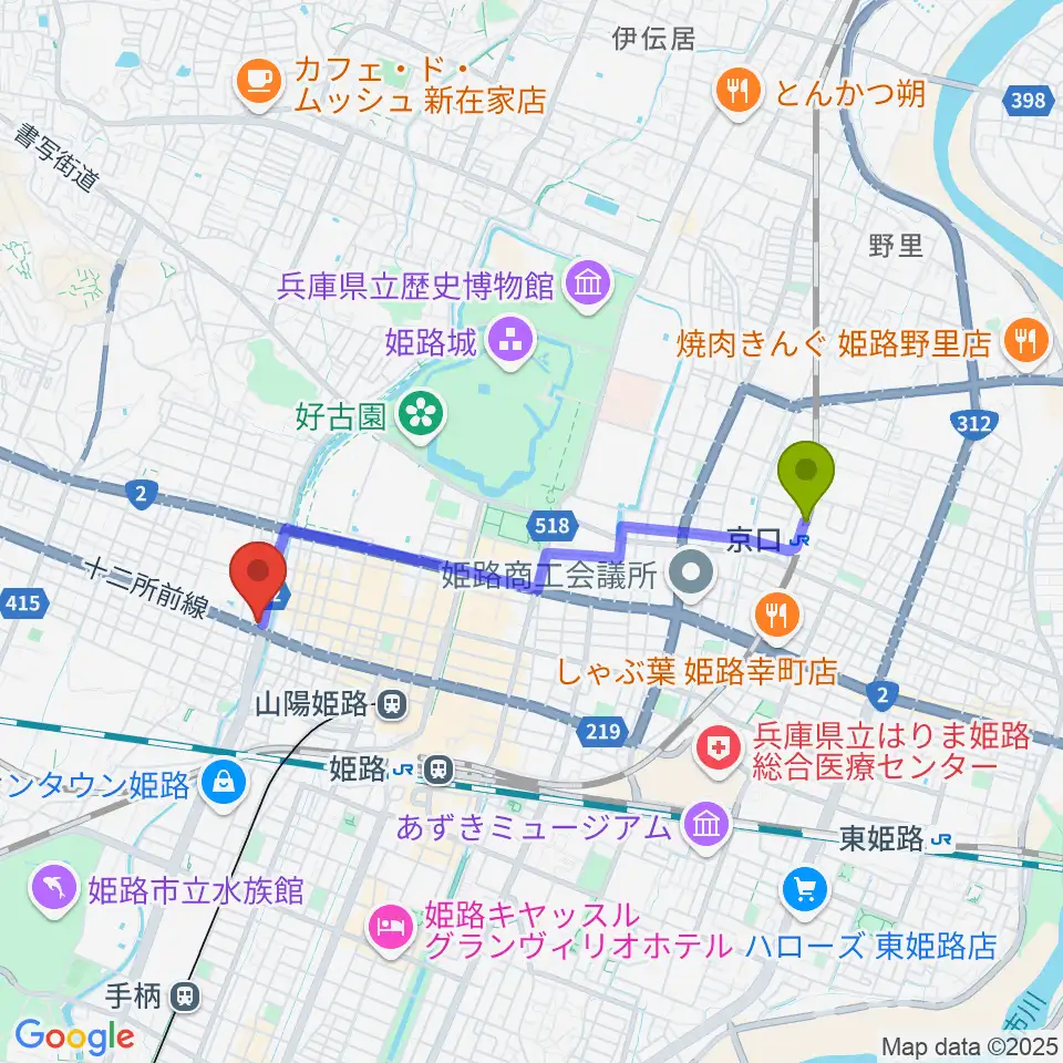 京口駅からエムズサウンドギターショップへのルートマップ地図