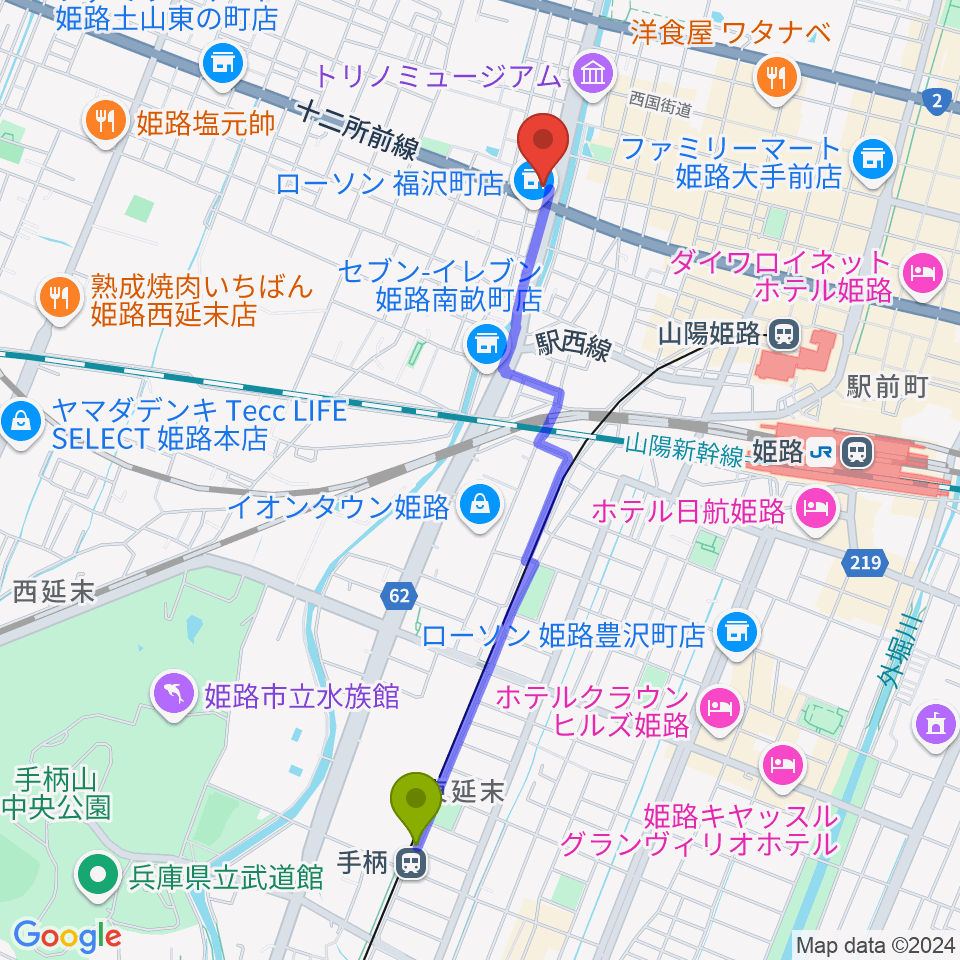 手柄駅からエムズサウンドギターショップへのルートマップ地図