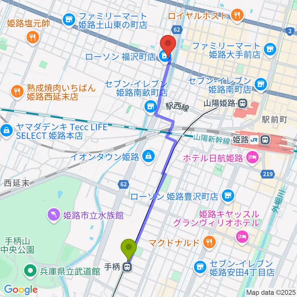 手柄駅からエムズサウンドギターショップへのルートマップ地図