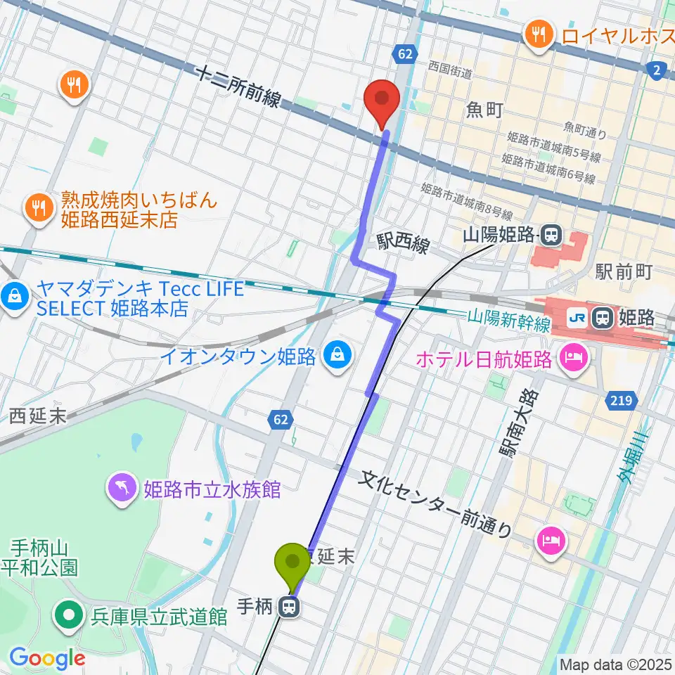 手柄駅からエムズサウンドギターショップへのルートマップ地図