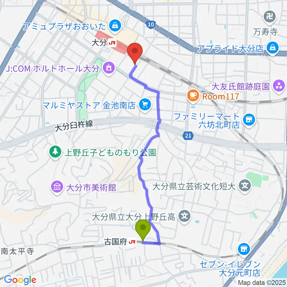古国府駅からミュージックストアナガト大分店へのルートマップ地図